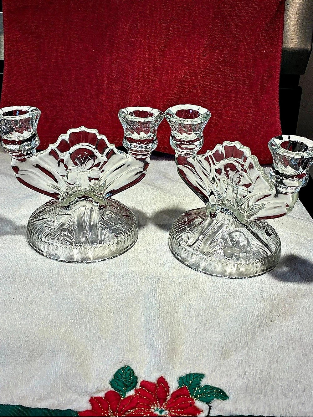 Jeannette Glass Iris and Herringbone Double Candlestick Holder Set of 2